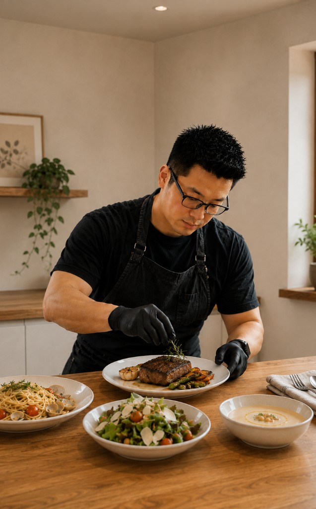 Chef plating food in a home kitchen